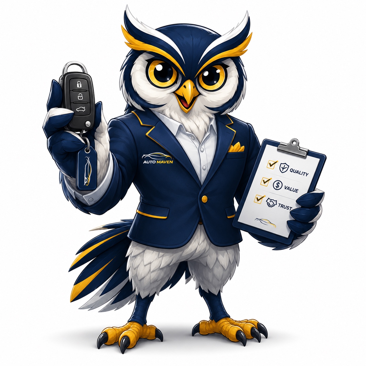 The official Auto Maven owl mascot holding car keys and a quality, value and trust checklist